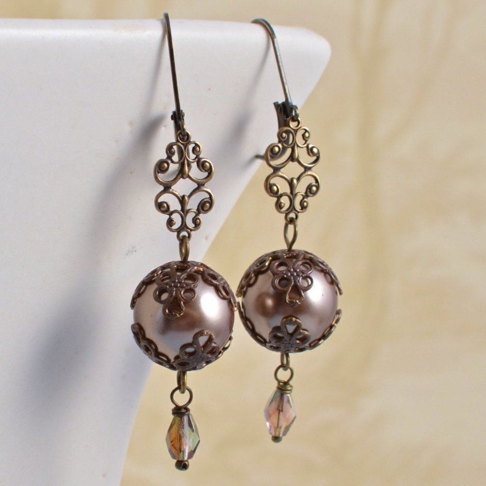 Hand Crafted Bronze Filigree Pearl Drop Earrings with Champagne Beads